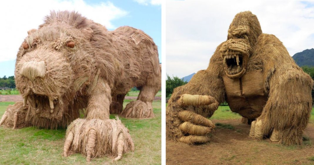 Animais de palha gigantes invadem campos de arroz japoneses após a colheita