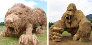 Animais de palha gigantes invadem campos de arroz japoneses após a colheita