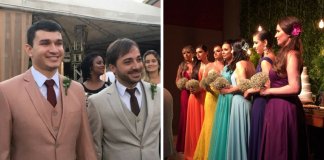 Damas-de-honor usam vestidos com as cores do arco-irís em casamento homossexual