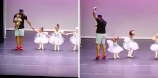 Pai sobe ao palco e dança ballet para ajudar a filha de dois anos com medo do palco