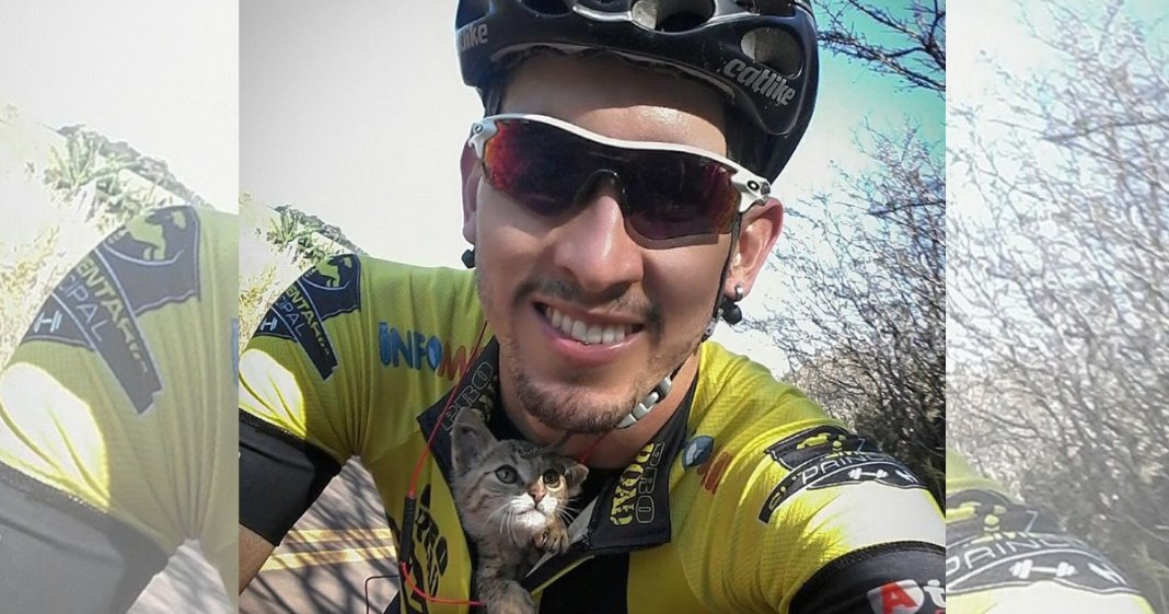 Ciclista brasileiro salva gatinho e este agradece-lhe com lambidelas