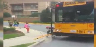 Carros param no Canadá quando um autocarro escolar pára para deixar as crianças