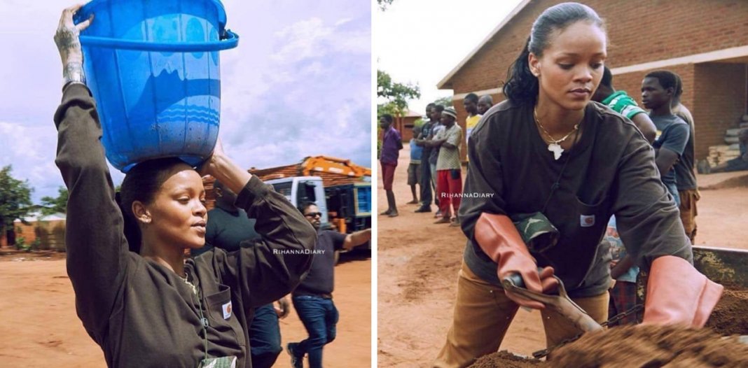 Rihanna carrega água e areia para ajudar a construir hospital no Malaui