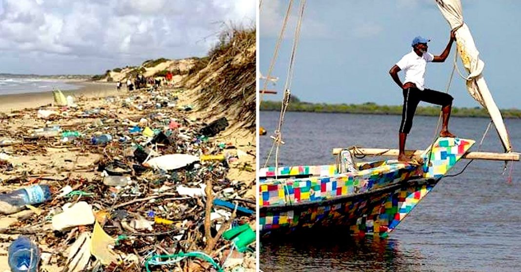 Barco feito inteiramente de chinelos está a limpar o Quênia do plástico