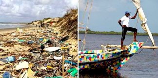 Barco feito inteiramente de chinelos está a limpar o Quênia do plástico