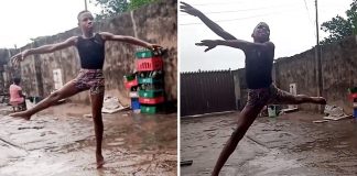 Menino africano delicia-se a dar passos de ballet à chuva